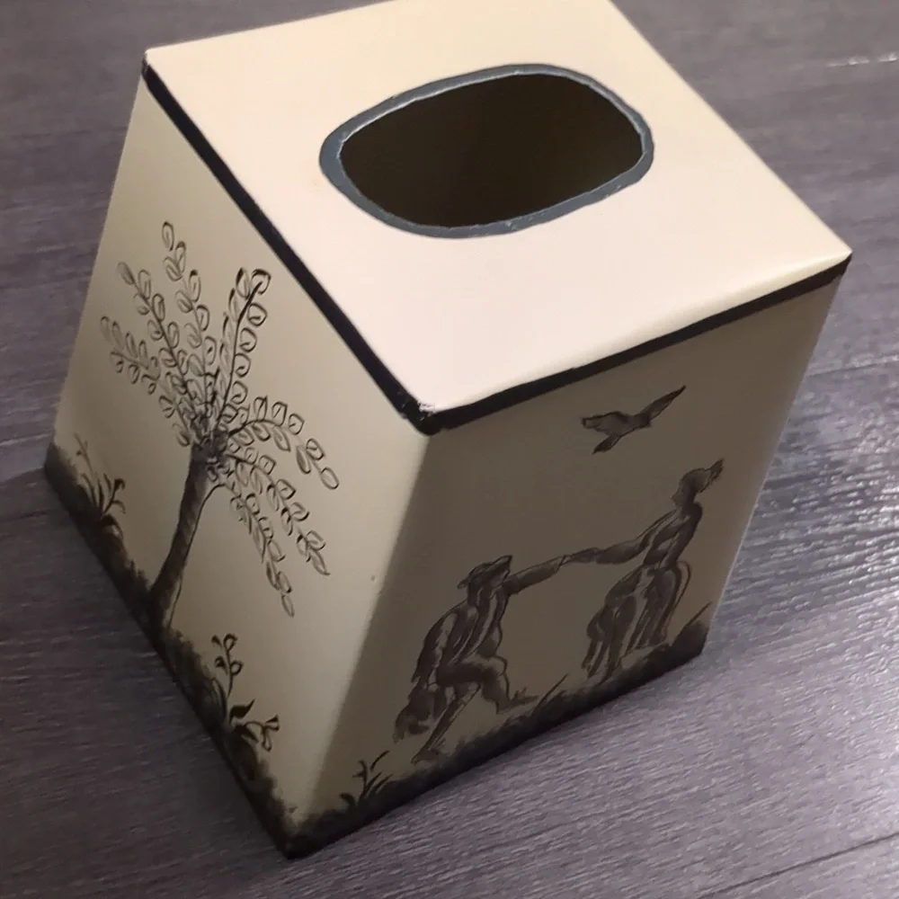 Vintage French Toile Metal Tissue Box Cover Quimper Style Black Cream MCM